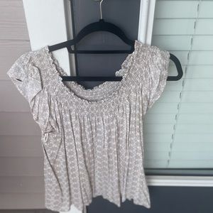 Tan and white off the shoulder blouse